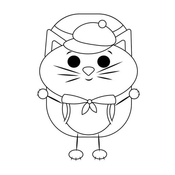 Netter Cartoon Cat Tourist Zeichnen Sie Die Illustration Schwarz Weiß — Stockvektor