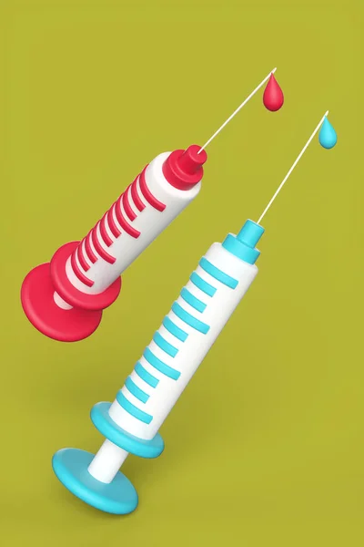 Cartoon syringes with a drop on a needle on a green background. Coronavirus vaccination concept. 3d render illustration.