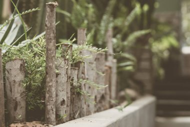Vintage pale brown nature background. Fence flower bed greenery, thin trunks. Decorative logs wall, modern design landscape house territory, path forward way, pedestrian sidewalk. Blur defocus stairs