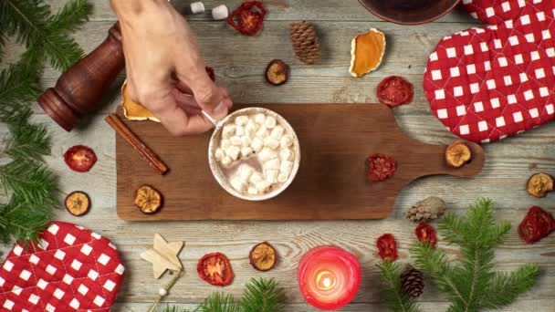Hände legen eine Tasse heiße Schokolade mit Marshmallows auf den Tisch, bestreuen sie mit Kakaopulver und rühren sie mit einer Zimtstange um. Konzept der Weihnachts- und Neujahrsstimmung — Stockvideo