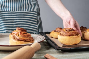 Mavi önlüklü kadın taze tarçınlı çörekleri yemek tepsisinden alıp tabağa koyuyor. Lezzetli ev yapımı hamur işleri ve rahat atmosfer kavramı.