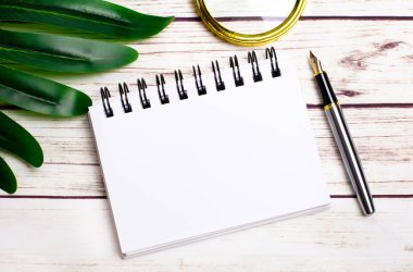 Açık ahşap masada bir kalem, yeşil bir bitki, bir büyüteç ve metin eklemek için boş bir defter var. İş yerinin yakın çekimi. Yukarıdan bak. Model