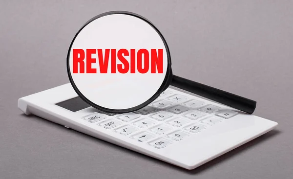 Gray Background Black Calculator Magnifier Text Revision Business Concept — Stock Photo, Image