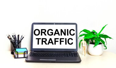 Masaüstünde bir saksı bitkisi, kırtasiye ve üzerinde ORGANIC TRAFFIC yazılı açık bir dizüstü bilgisayar var. İçişleri Bakanlığı.