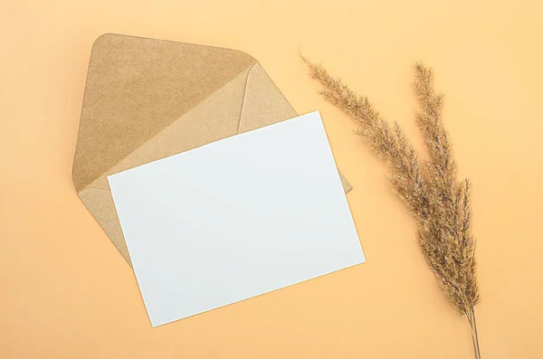 在米色的背景上 一个手工信封 干花和一张白色空白卡片 上面有插入文字的地方 复制空间 最低纲领主义者莫科普 — 图库照片
