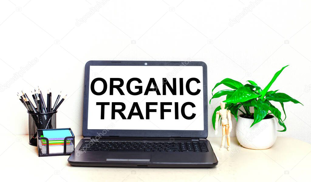 On the desktop is a potted plant, stationery and an open laptop with the text ORGANIC TRAFFIC on the screen. Home Office.