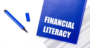 Beyaz arkaplan raporlarında, mavi bir kalem ve mavi bir defter var. İçinde FINANCIAL LITERACY yazıyor. İş konsepti. Pankart