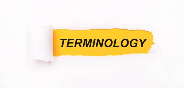 Bright Yellow Background White Paper Torn Stripe Inscription Terminology Stock Photo