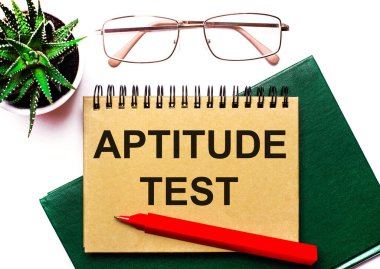 Hafif arkaplanda altın çerçeveli bardaklar, saksıda bir çiçek, yeşil bir defter, kırmızı bir kalem ve APTITUDE TEST yazılı kahverengi bir defter. İş konsepti