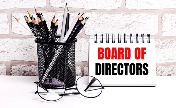 Workplace House Glasses Pencils Stand Notebook Text Board Directors Brick Stock Picture