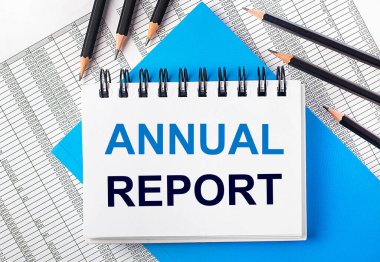 Masanın üzerinde ANNUAL REPORT yazılı beyaz defter mavi arka planda siyah kalemlerin yanında ve raporlar. İş konsepti