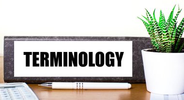 Ahşap bir masada belgeler için bir klasör var. Terminolojide yeşil bir bitki, bir kalem ve hesap makinesi. İş konsepti.