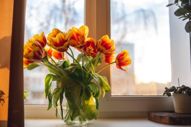 a large bouquet of red-orange tulips on the windowsill in the spring rays