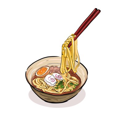 Udon eriştesi, domuz eti, haşlanmış yumurta, ve yeşil soğan, ve erişteleri yakın plan beyaz arka planda bir kasede tutan çubuk. Japon yemeği. Vektör illüstrasyonu.