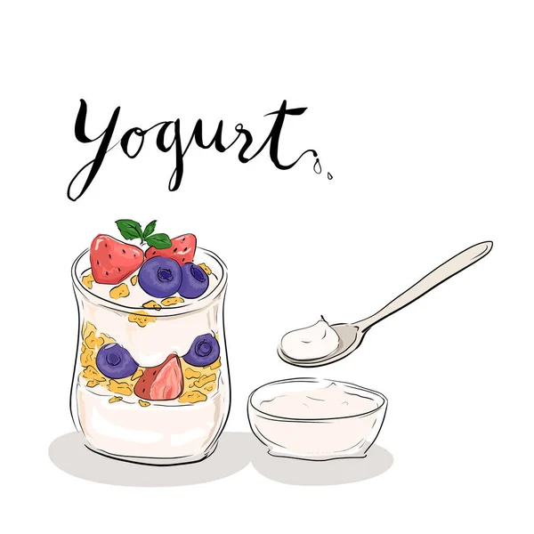 Yogur Con Copos Maíz Bayas Ilustración Vectorial Dibujos Animados Sobre — Archivo Imágenes Vectoriales