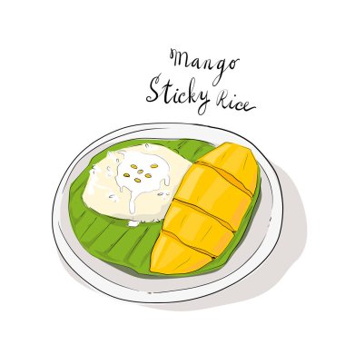 Beyaz arka planda mango yapışkan pirinç vektör karikatürü. Geleneksel Tayland tatlısı. 