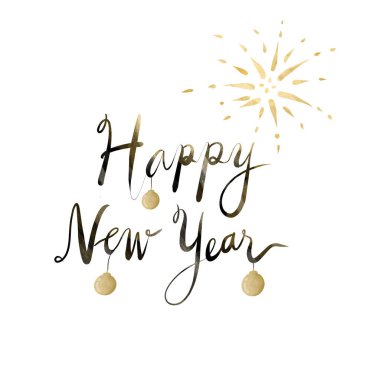 Yeni yılın kutlu olsun. Beyaz arka planda siyah ve altın renkli mesajlar. El yazısı.
