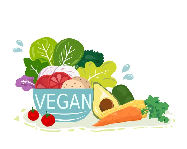 Gemüse Isoliert Auf Weißem Hintergrund Und Vegane Schrift Flach Lag — Stockvektor