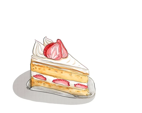 Zeichnen Aquarell Dessert Stück Kuchen Erdbeerkuchen Abbildung Auf Weißem Hintergrund — Stockvektor