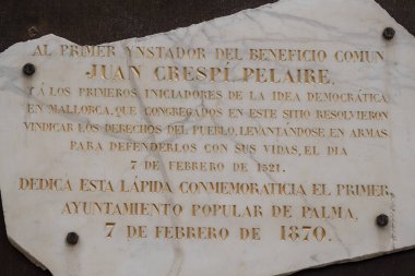 Anma plaketi Joan Cresp Peraire, Palma 'daki Germenlerin güzergahı, Gaspar Valero i Marti, Mallorca, Balearic Adaları, İspanya