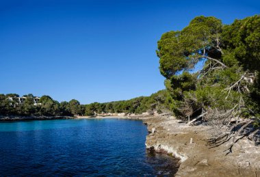 La Caixa cephesi, 1908 'de Miquel Salv tarafından Neo-Gotik tarzda inşa edildi ve kilise, LLucmajor, Mallorca, Balearic Adaları, İspanya