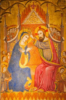 Coronacin de la Virgen, ao 1373, Joan Daurer, Temple y dorado sobre madera, original de la parroquia de santa Maria la mayor de Inca, Palau Episcopal, obra ortaçağ iniciada el siglo XIII, mallorca, islas baleares