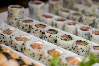 sushis, pescaderia del Mercat de l Olivar, Palma, Mallorca, Balear Adaları, İspanya