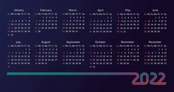Kalender 2022 Creatieve Gekleurde Lijnen Ontwerp Vector Illustratie Kalender Met — Stockvector