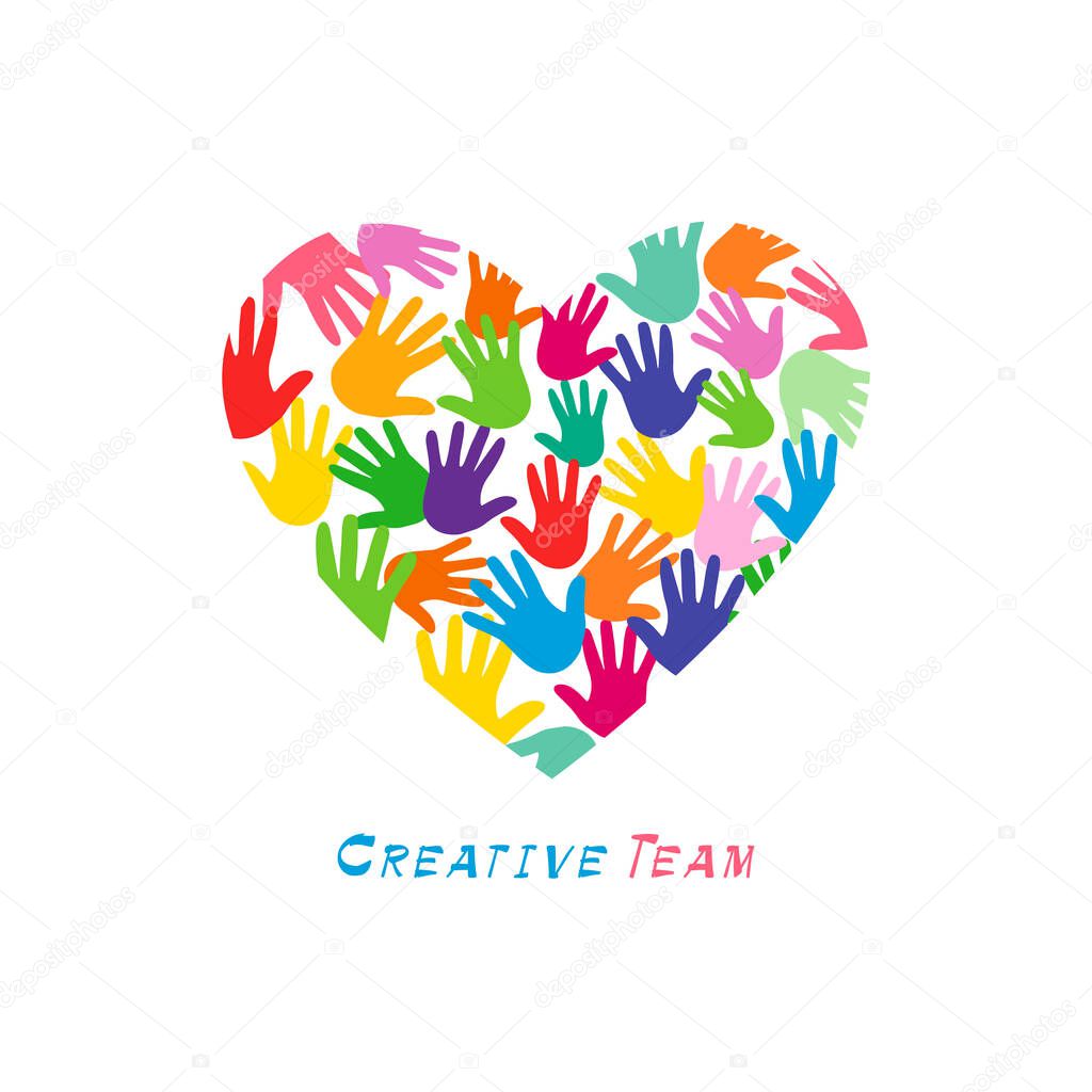 Heart logo concept. Lovely creative logotype idea. Colored symbol of friendship. Bright sign of kids arts. Abstract isolated graphic design template. Heart with hand palms inside. White background.