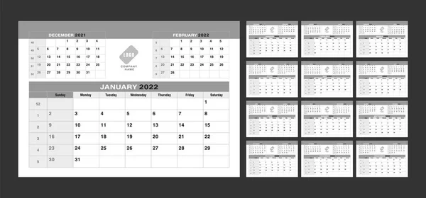 Ημερολόγιο 2022 Εβδομάδα Έναρξη Κυριακή Εταιρικού Σχεδιασμού Σχεδιαστής Πρότυπο Γκρι — Διανυσματικό Αρχείο