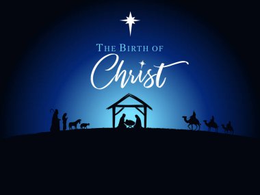 Çobanlar ve bilge adamlarla İsa 'nın Doğuşu. İsa 'nın doğumu sahnesi, gece arkaplanındaki yemlikte İsa' nın silueti. Noel hikayesi Mary Joseph ve bebek İsa, vektör illüstrasyon