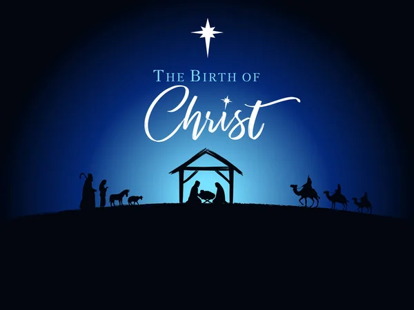 예수의 탄생에 목자와 하였다 예수의 밤하늘 배경의 실루엣 크리스마스 이야기 — 스톡 벡터