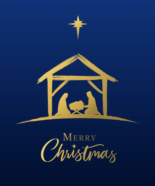 Счастливого Рождества Иисус Яслях Золотой Цвет Звезды Голубом Небе Рождественская — стоковый вектор