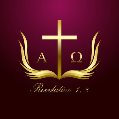 Alpha and Omega Revelation 1 8. Cross and book logotype concept. Open book, cross and flying pages. Logo idea. I am Alpha and Omega, the beginning and the ending symbol from Revelation 1, 8. Isolated abstract graphic design template clipart