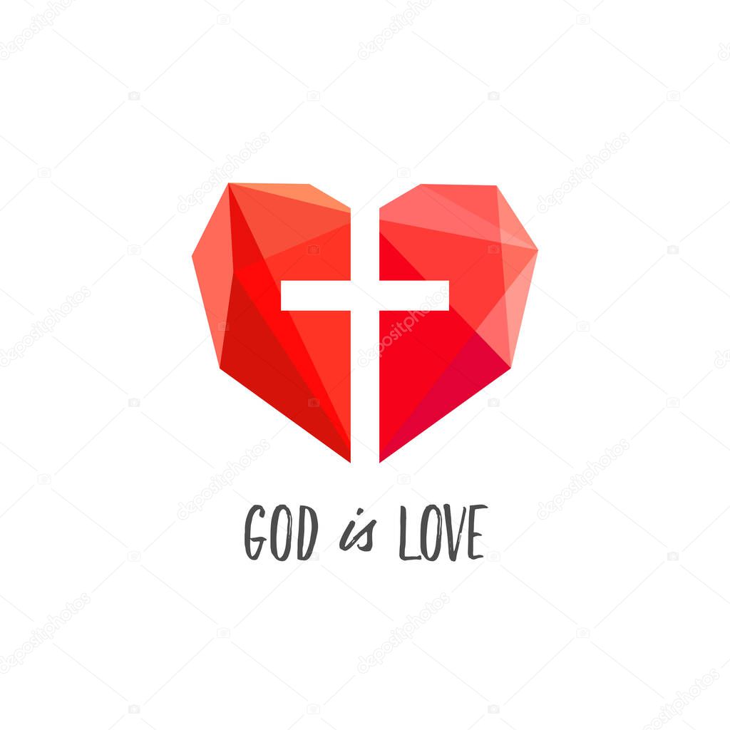 God is love symbol. 3D stained-glass arts style heart and Jesus cross. Creative lovely geometric icon concept. Religious modern sign. Red ruby or diamond shiny heart. Isolated abstract design template