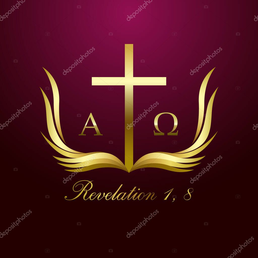 Alpha and Omega Revelation 1 8. Cross and book logotype concept. Open book, cross and flying pages. Logo idea. I am Alpha and Omega, the beginning and the ending symbol from Revelation 1, 8. Isolated abstract graphic design template