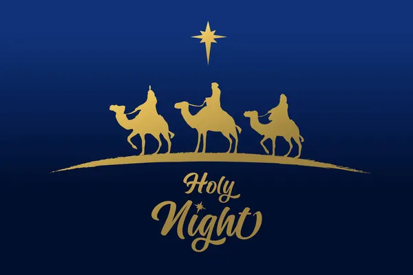 Three Wise Men Golden Silhouette Holy Night Holiday Card Merry — Stock Vector