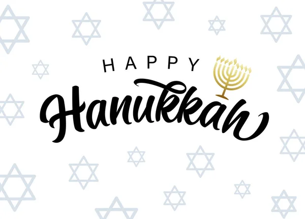 Buon Hanukkah Lettering Menorah Oro Stelle David Hanukka Color Oro — Vettoriale Stock