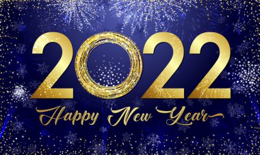 2022 Yeni Yıl tabelası, tebrikler. Logotype 3 boyutlu. Güzel karlı zemin. Soyut izole grafik tasarım şablonu. Dekoratif numaralar. Altın parmaklar Yaratıcı Noel dekorasyonu