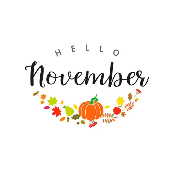 Hello November Greetings Креативная Икона Плакат Каллиграфический Текст Корзина Фруктами — стоковый вектор