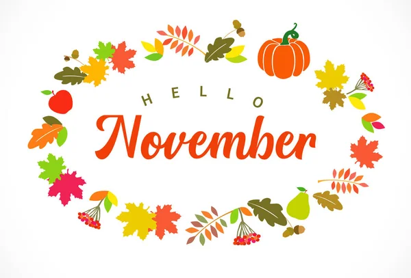 Hello November Greetings Творческий Венок Каллиграфические Красные Оранжевые Растительные Элементы — стоковый вектор