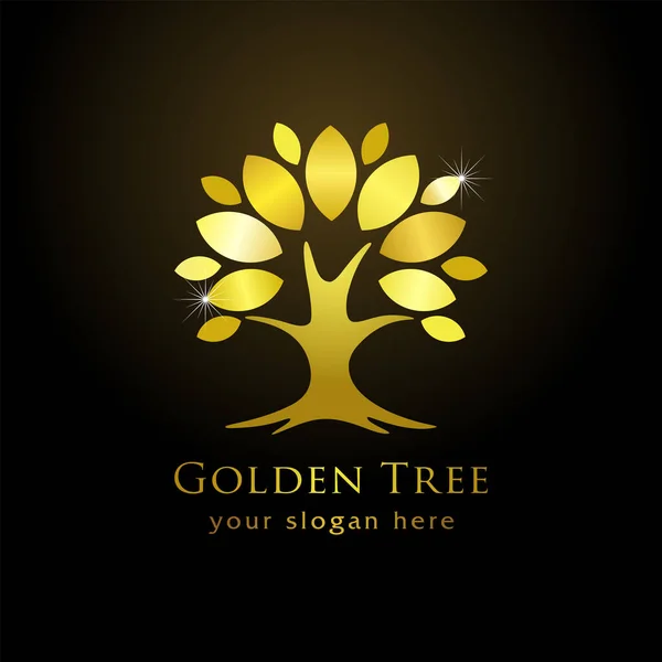 Golden Tree Lyx Logotyp Koncept Snyggt Glänsande Träd Med Gula — Stock vektor