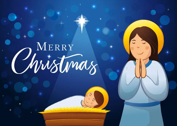 Mutlu Noeller Nın Yemlikte Olduğu Doğum Sahnesi Mary Star Xmas — Stok Vektör