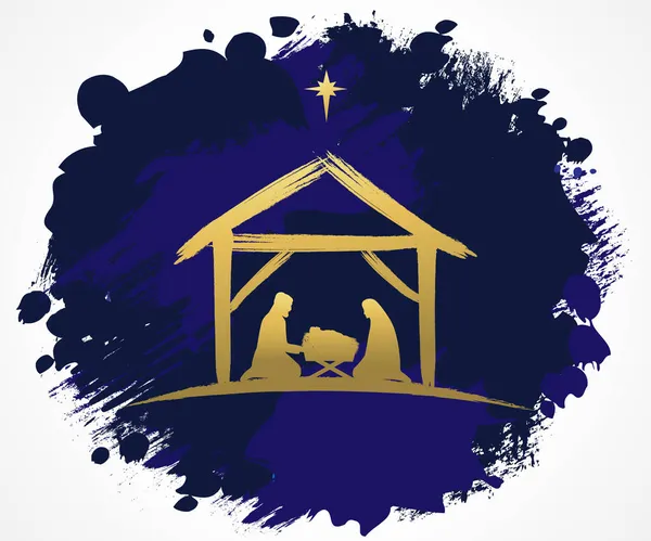 Świąteczna Scena Dzieciątka Jezus Żłobie Złotą Sylwetką Maryi Józefa Gwiazdy — Wektor stockowy