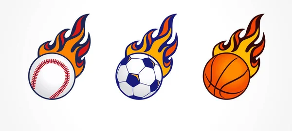 足球和篮球偶像失火了 运动队徽章或锦标赛徽章的矢量设计 火球等比赛标志 — 图库矢量图片