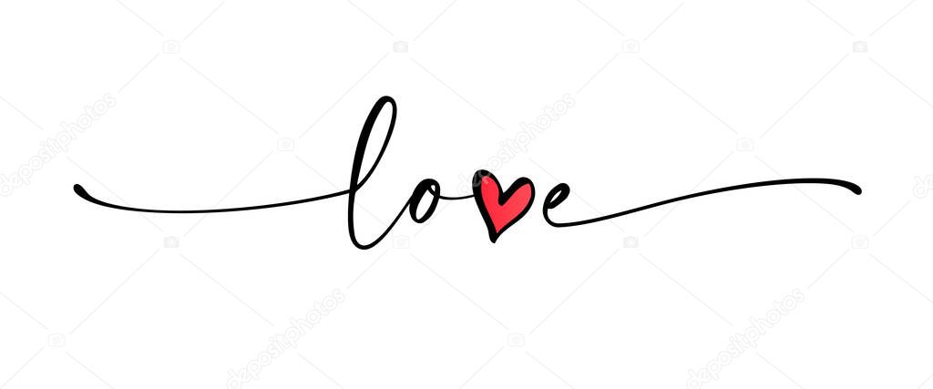 Love - continuous line cursive text. Lettering typography design with word love and doodle heart. Elegant vector print for t-shirt, poster, card, banner valentine day, wedding