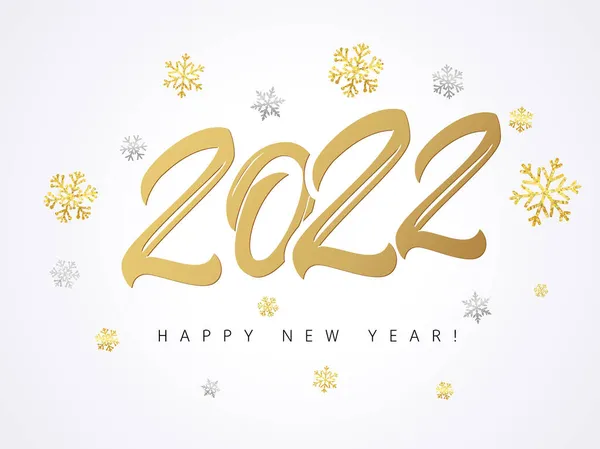 祝2022年新年快乐金色标志文字设计 带2022号的矢量假日图片说明 闪烁着五彩斑斓的五彩纸屑 白色背景上闪烁着金色雪花 — 图库矢量图片