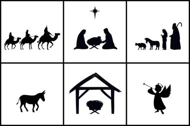 Noel Hristiyan İsa 'nın doğuşunu gösteren siluetler. İncil 'de anlatılan Mary Joseph ve bebek İsa bir ahırda, Beytüllahim' in yıldızı, üç bilge adam, çobanlar, melekler. Dini vektör tebrik kartı