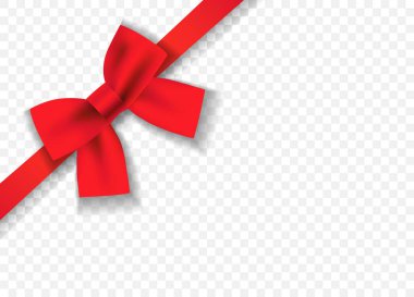 Şeffaf arka planda izole edilmiş yatay kurdeleli saten dekoratif kırmızı fiyonk. Sevgililer Günü için vektör kırmızı ipek yay ve kurdele süslemesi