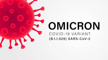 Omicron COVID-19 VARIANT (B.1.1.529) SARS-CoV-2 tipografi gri pankartı. Yeni bir Coronavirus türü. Güney Afrika 'da tespit edilen mutasyona uğramış virüsün vektör sembolü. Siyah metin Omicron ve kırmızı hücre